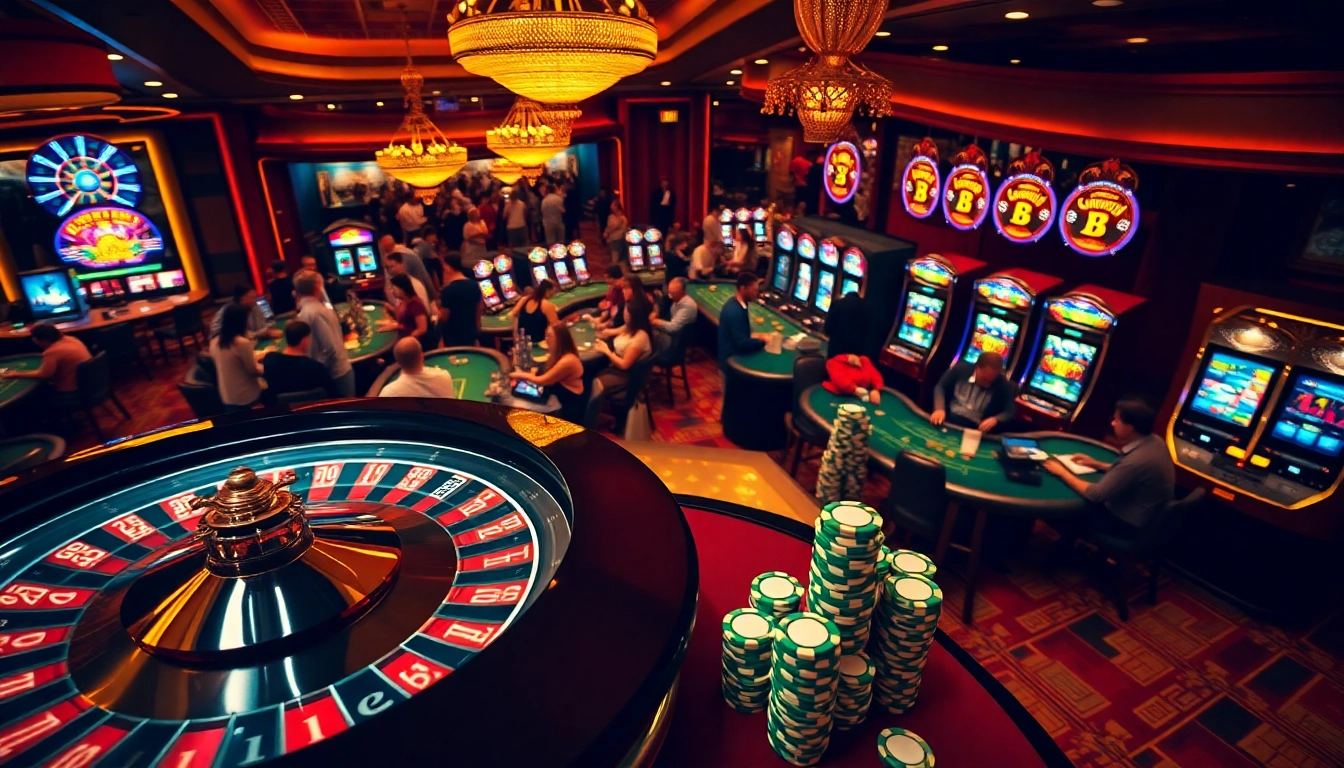 Experience stats crazy time at a vibrant casino with players around roulette and blackjack tables.