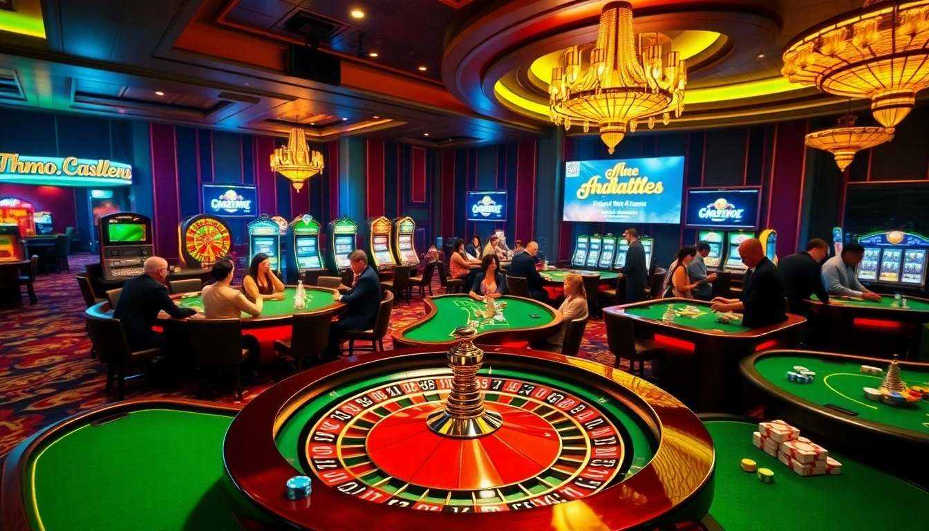 Experience the thrill of gambling at https://mmoo.uk.net/ with players engaging around vibrant casino tables and a roulette wheel.
