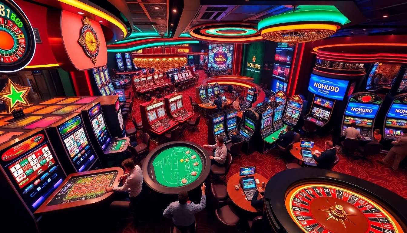 Experience the thrill of NOHU90 at a bustling casino with players enjoying slot machines and card games.