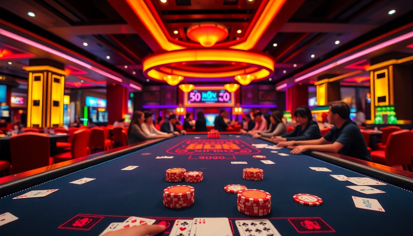 Experience the thrill of BẮN CÁ at a bustling casino table amidst vibrant lights and engaged players.