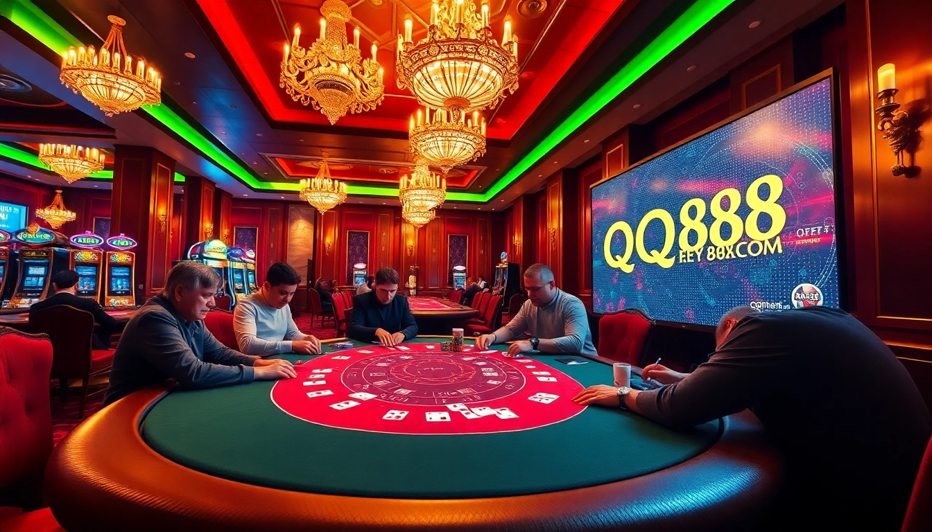 Players intensely focus at a poker table in a lavish casino ambiance featuring QQ88 COM branding.