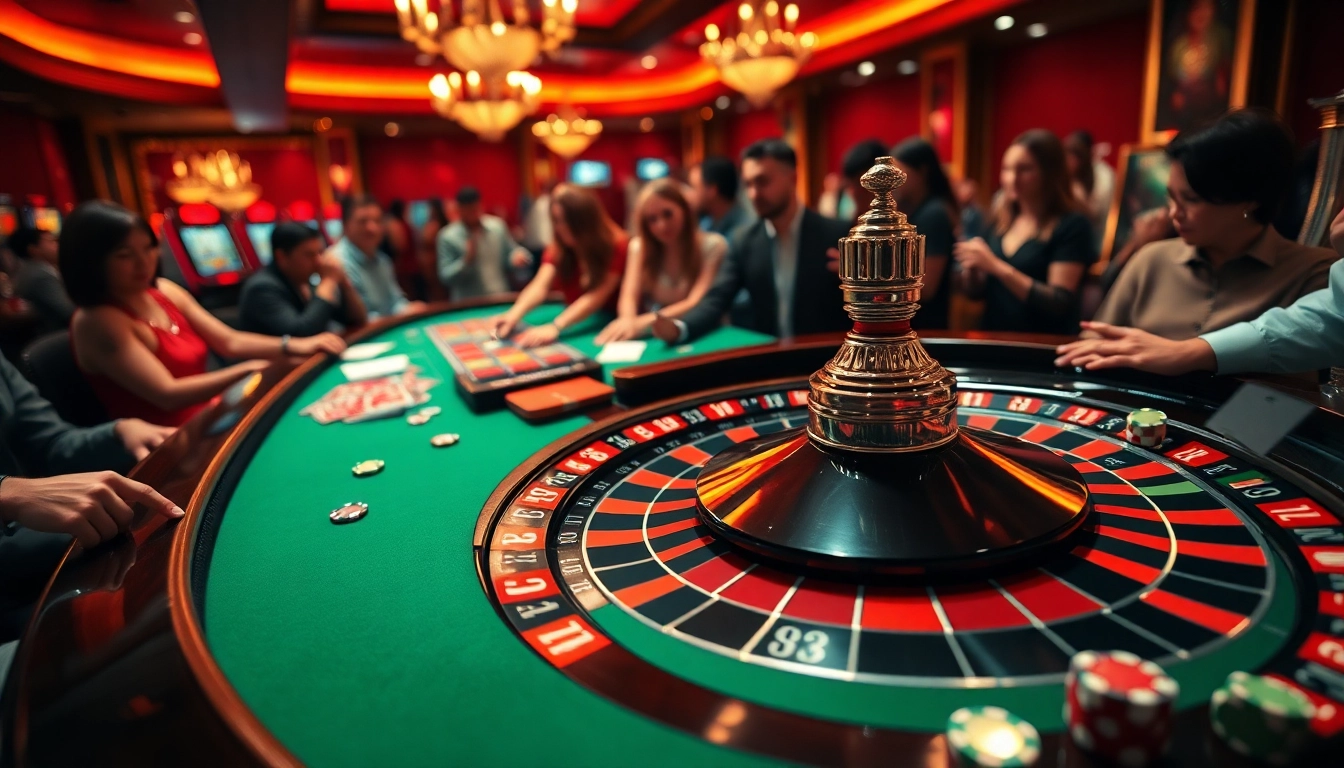Exciting games at NHÀ CÁI GO99 featuring roulette, cards, and vibrant poker chips.