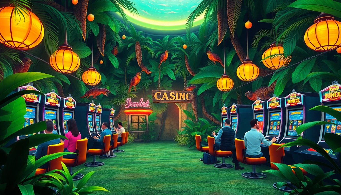 Enjoy thrilling gameplay at Lucky Jungle Casino with vibrant jungle decor and engaging players.